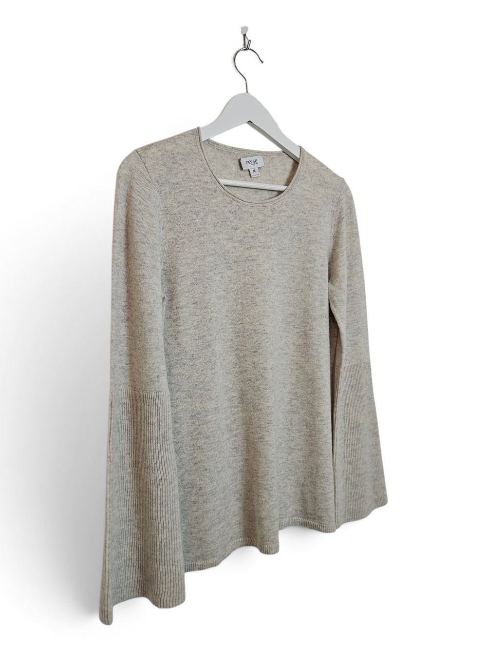 Per Se by Carlisle Sweater M Wool Cashmere Bell Sleeve Ribbed Oatmeal Gray Scoop